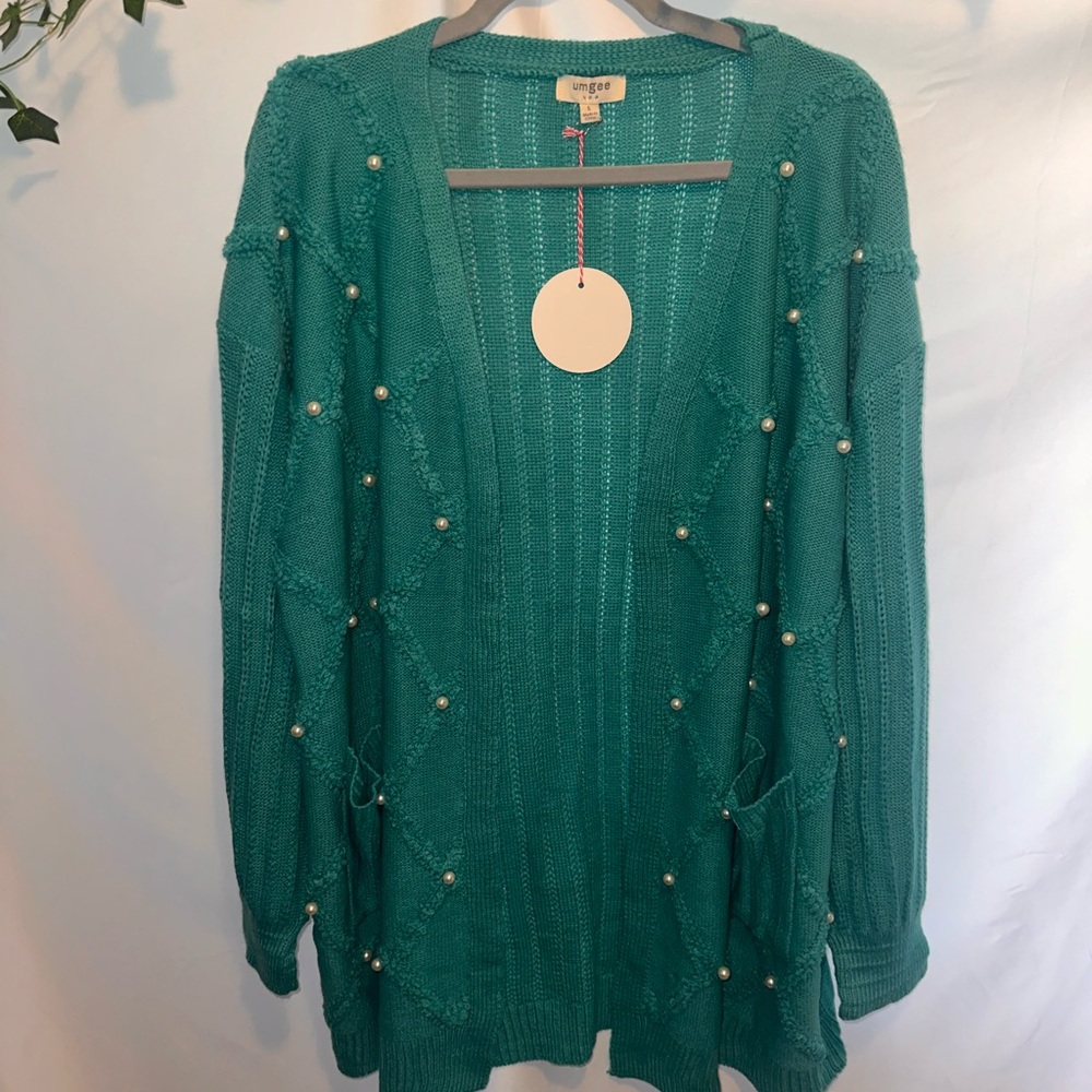 Umgee Teal Pearl-Embellished Open Front Cardigan - Picture 1 of 7